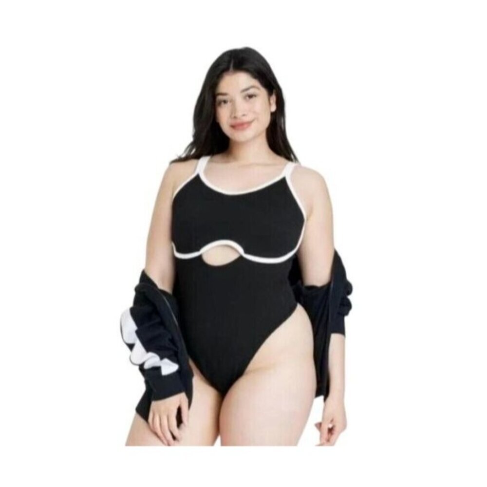 Colsie Women's Black/White Contrast Trim Keyhole Bodysuit - Size L, NWT